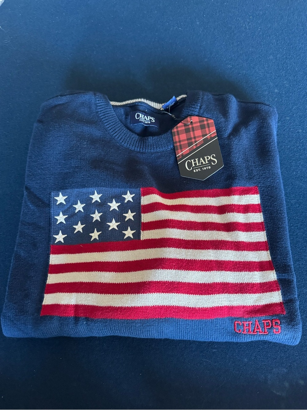 Chaps Navy Crewneck Sweater with Embroidered American Flag,unisex but under mens